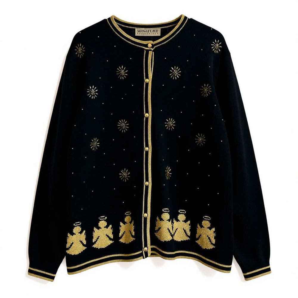 VTG Women's Signature Expressions Black Sweater Gold Angels, Buttons & Beads M